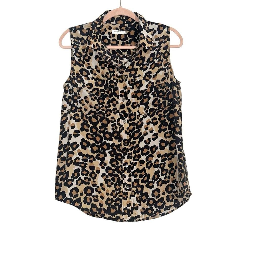 Equipment Leopard Print Sleeveless Button Down Collar Silk Top LARGE
